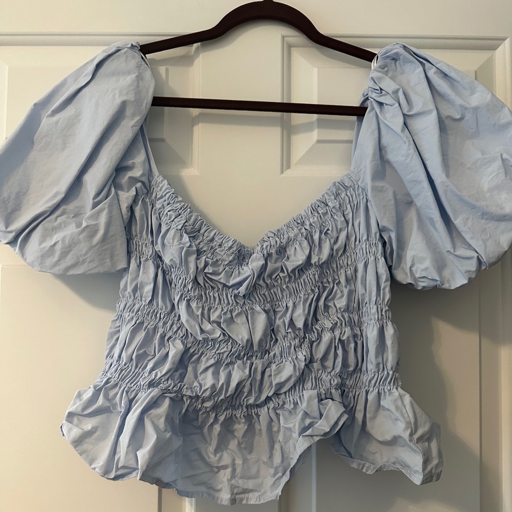Baby blue off the shoulder Astr shirt
